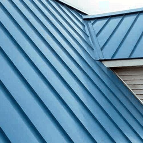 A blue standing seam metal roof