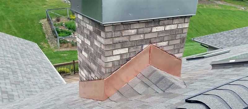 Copper flashing around the base of a brick chimney