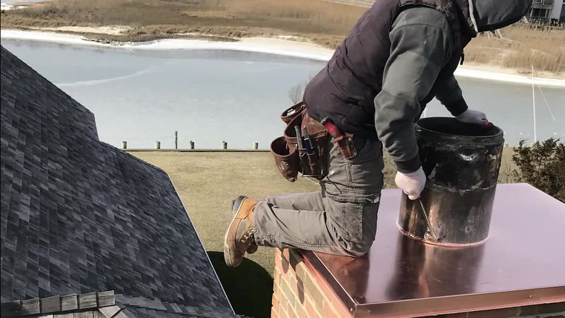 One of the crew fitting a new metal cover on top of a brick chimney
