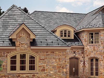 A slate roof on a stone house