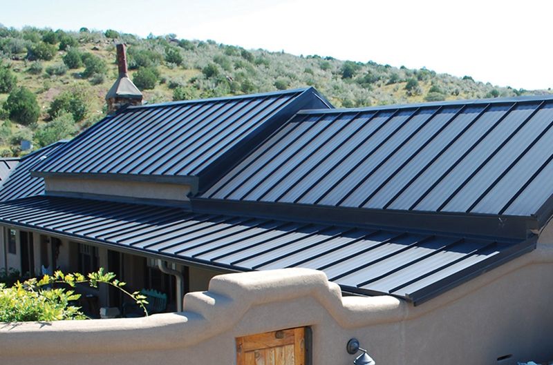 A dark standing seam metal roof