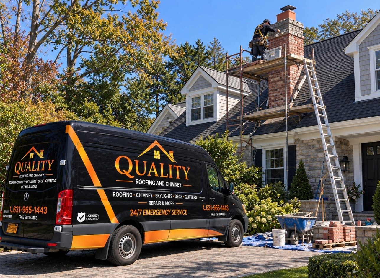 The Quality Roofing and Chimney van at a cedar-shake house while one of the crew rebuilds the chimney