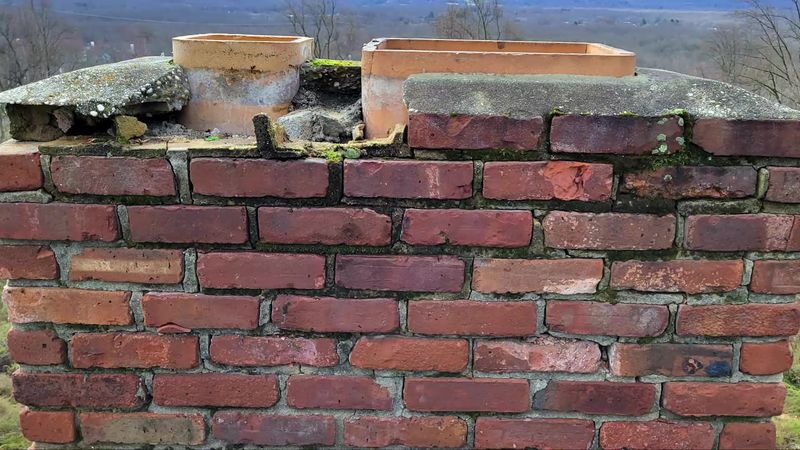 The worn top of an old brick chimney, with moss on the crown